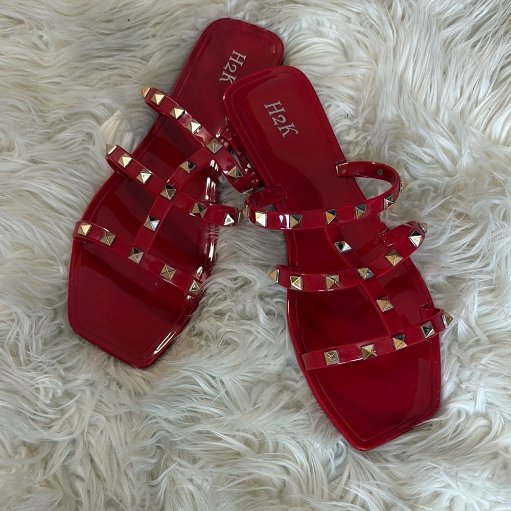 Red Studded Sandals with Square-Toe Design